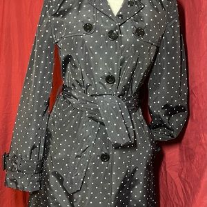 Banana Republic Trench Rain coat navy blue-white polka dot Sz XS